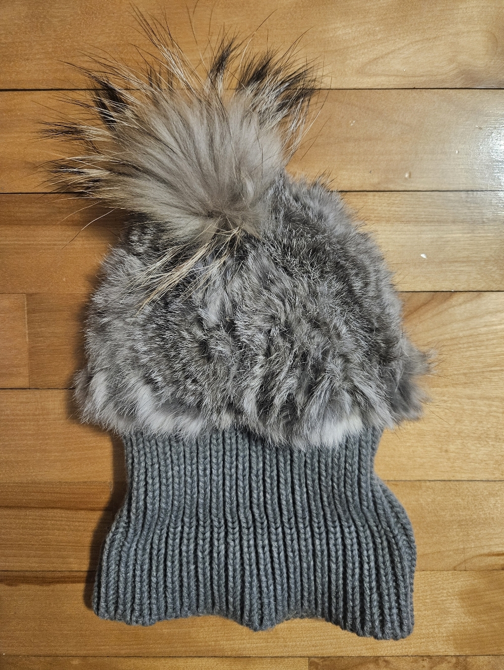 Rabbit Fur & Acrylic Knit Winter Touque Hat With Fur Puff Pompom